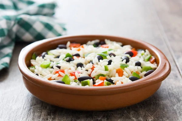 Arroz Tradicional Cubano Frijoles Negros Pimienta Sobre Fondo Mesa Madera — Foto de Stock