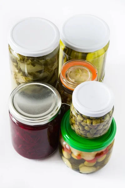 Verduras Conserva Fermentadas Frasco Aisladas Sobre Fondo Blanco —  Fotos de Stock