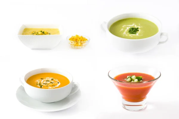 Olika Soppa Collage Gazpacho Soppa Majssoppa Zucchini Soppa Och Pumpa — Stockfoto