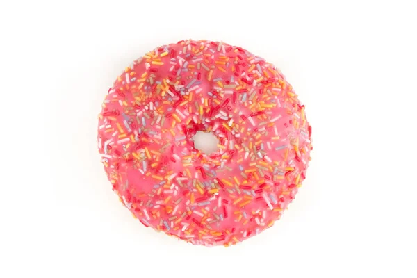 Pink Frosted Donut Colorful Sprinkles Isolated White Background Top View — Stock Photo, Image