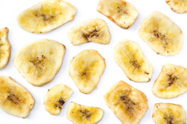 Chiudere Banana Chip Isolato Sfondo Bianco Vista Dall Alto — Foto Stock