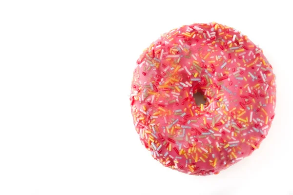 Donut Fosco Rosa Com Polvilhas Coloridas Isolado Fundo Branco Vista — Fotografia de Stock