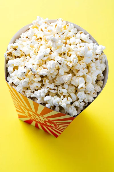 Striped Box Popcorn Yellow Background — Stock Photo, Image