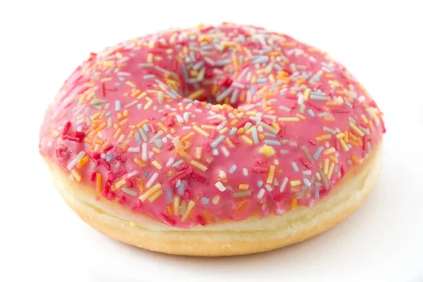 Rosafarbener Donut Mit Bunten Streuseln Auf Weißem Hintergrund — Stockfoto