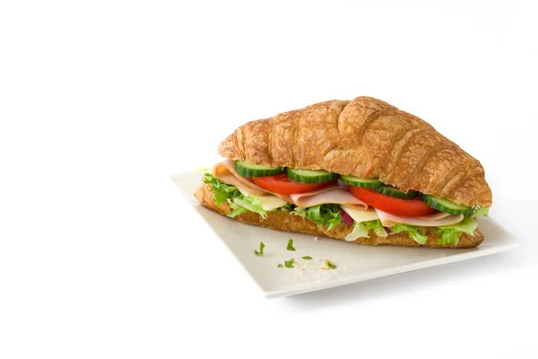 Sandwich Croissant Con Queso Jamón Verduras Aislado Sobre Fondo Blanco — Foto de Stock