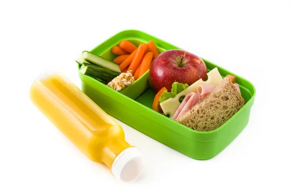 Almoço Escolar Saudável Sanduíche Legumes Frutas Suco Isolado Fundo Branco — Fotografia de Stock