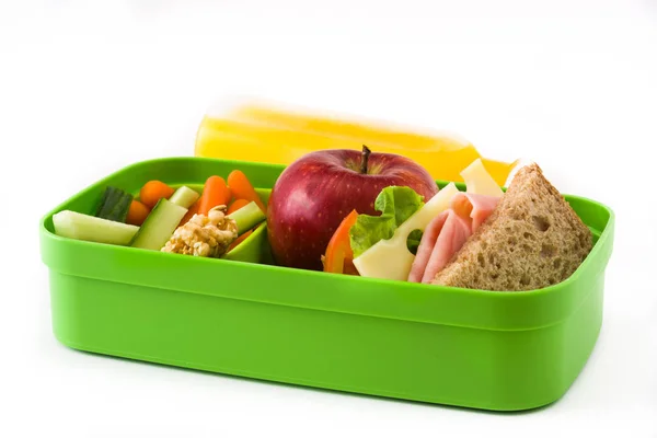 Gezonde School Lunch Sandwich Groenten Fruit Sap Geïsoleerd Witte Achtergrond — Stockfoto