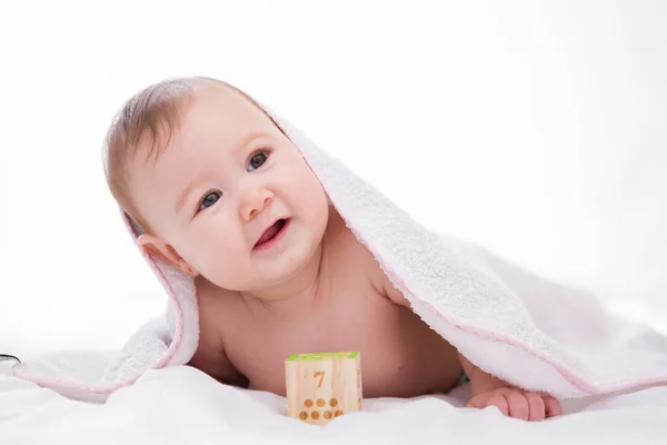 Αξιολάτρευτο Μωρό Κοριτσάκι Χαμογελά Λευκό Φόντο — Φωτογραφία Αρχείου