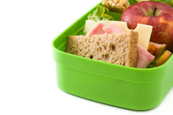 Gezonde School Lunch Sandwich Groenten Fruit Sap Geïsoleerd Witte Achtergrond — Stockfoto