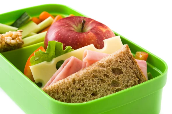 Pranzo Sano Scuola Sandwich Verdure Frutta Succo Isolati Sfondo Bianco — Foto Stock