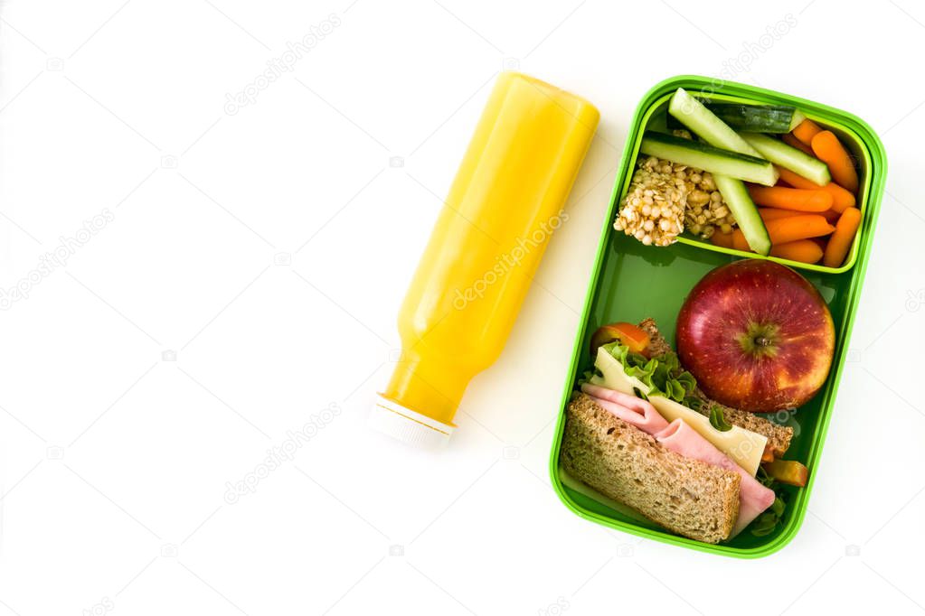 Healthy school lunch: Sandwich, vegetables ,fruit and juice isolated on white background. Top view