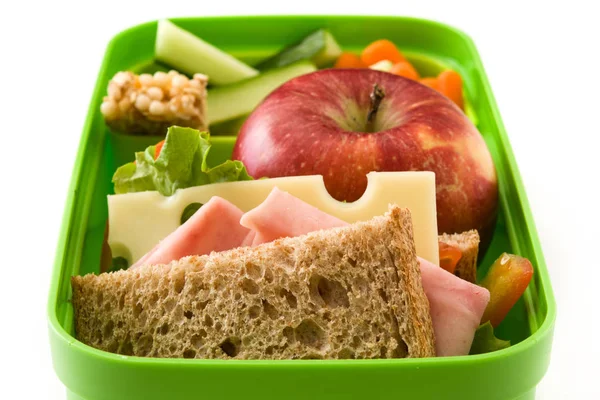 Pranzo Sano Scuola Sandwich Verdure Frutta Succo Isolati Sfondo Bianco — Foto Stock