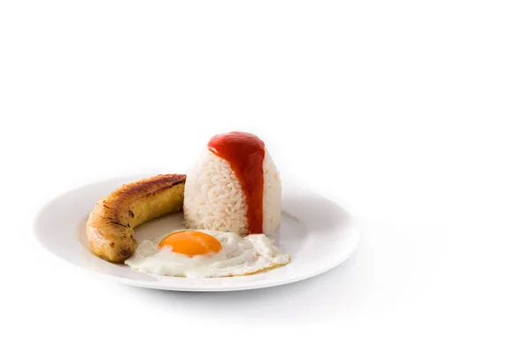 Arroz Cubana Tipico Riso Cubano Con Banana Fritta Uovo Fritto — Foto Stock