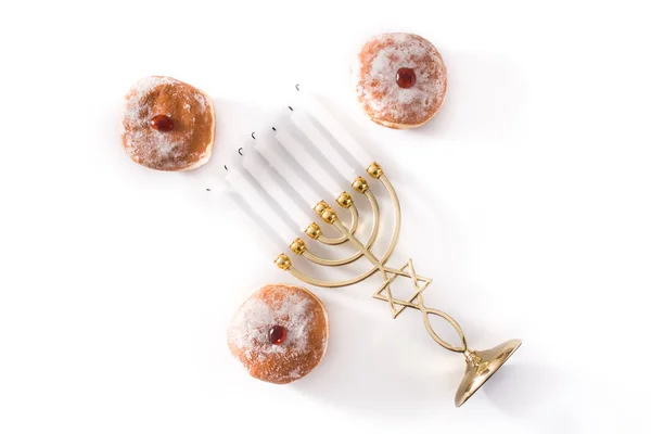 Judeu Hanukkah Menorah Sufganiyot Donuts Isolado Fundo Branco — Fotografia de Stock