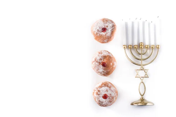 Єврейські Ханука Менори Суфганийоти Пончики Ізольовані Білому Тлі Копіювальний Простір — стокове фото