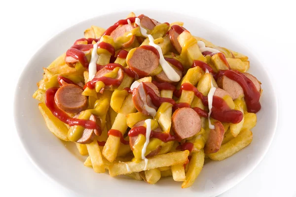 Typical Latin America Salchipapa. Sausages with fries, ketchup, mustard and mayo, isolated on white background