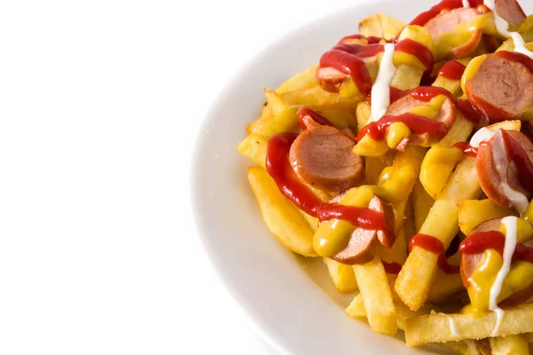 Típico América Latina Salchipapa Enchidos Com Batatas Fritas Ketchup Mostarda — Fotografia de Stock
