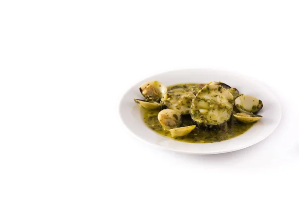 Hake Fish Clams Green Sauce Copy Space Typical Spanish Recipe — Stock Photo, Image