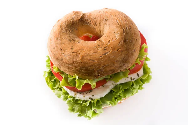 Sanduíche Bagel Legumes Com Tomate Alface Queijo Mussarela Isolado Fundo — Fotografia de Stock