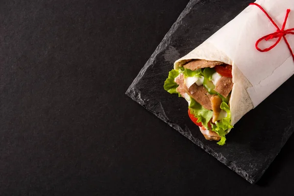 Doner Kebab Shawarma Sandwich Black Slate Background Top View Copy — Stock Photo, Image