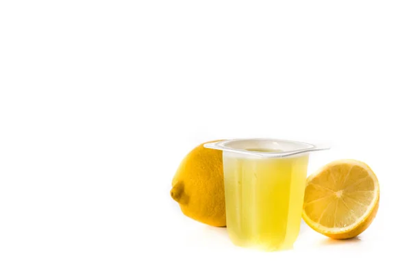 Lemon Jellies Plastic Cup Isolated White Background Copy Space — Stock Photo, Image