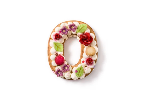 Anzahl Null Kuchen Mit Blumen Und Macarons Auf Weißem Hintergrund — Stockfoto