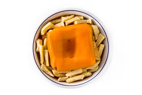 Typisk Portugisisk Francesinha Smörgås Med Pommes Frites Isolerad Vit Bakgrund — Stockfoto