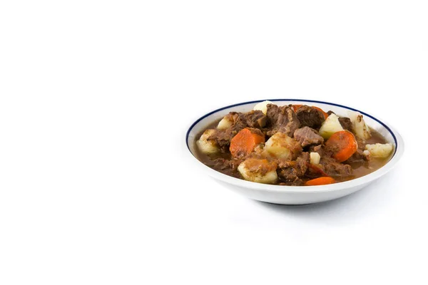 Irish Beef Stew Carrots Potatoes Isolated White Background Copy Space — Stock Photo, Image