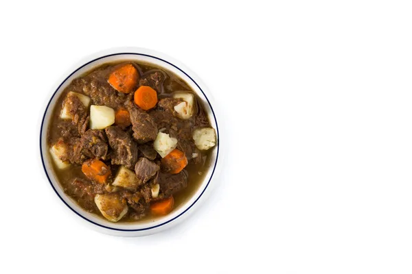 Irish Beef Stew Carrots Potatoes Isolated White Background Top View — Stock Photo, Image