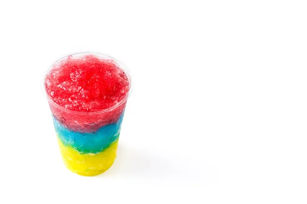 Slushie Coloré Différentes Saveurs Avec Paille Dans Une Tasse Plastique — Photo