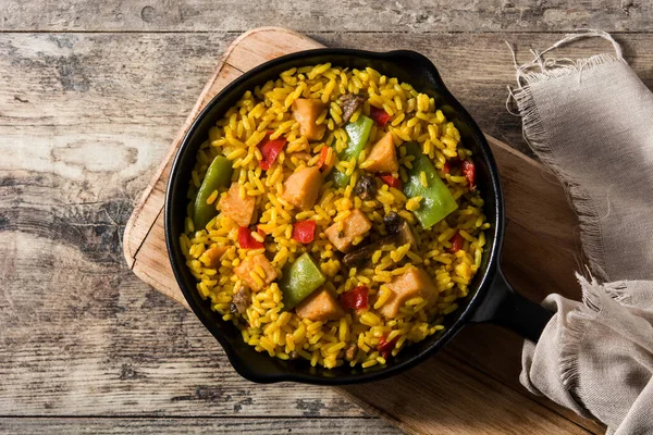 Fried Rice Chicken Vegetables Frying Iron Pan Top View — Stock Photo, Image