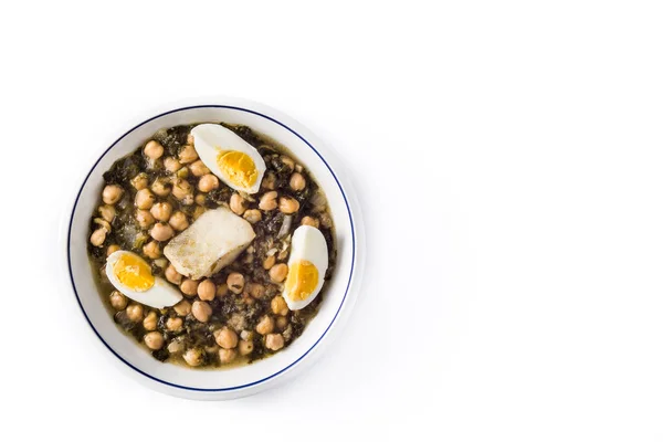 Estofado Garbanzos Con Espinacas Bacalao Potaje Vigilia Sobre Mesa Madera —  Fotos de Stock