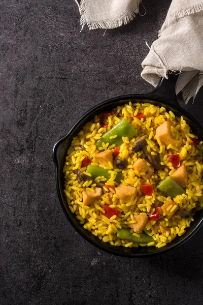 Fried Rice Chicken Vegetables Frying Iron Pan Top View — Stock Photo, Image