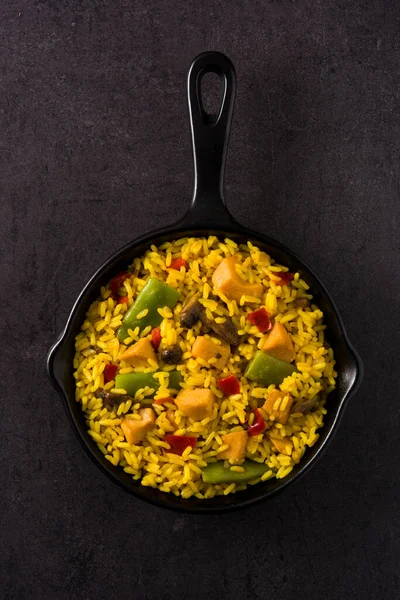 Fried Rice Chicken Vegetables Frying Iron Pan Top View — Stock Photo, Image