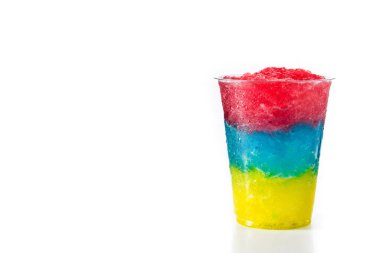 Colorful slushie of differents flavors with straw in plastic cup isolated on white background.Copy space clipart