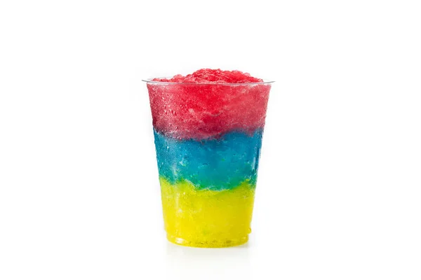 Färgglada Slushie Olika Smaker Med Halm Plastmugg Isolerad Vit Bakgrund — Stockfoto