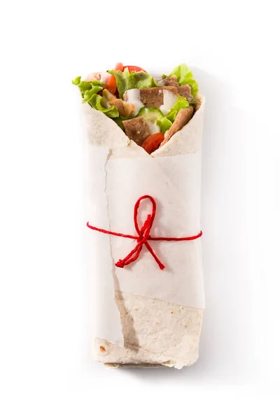 Beyaz Arka Planda Izole Edilmiş Kebap Shawarma Sandviçi Üst Görünüm — Stok fotoğraf