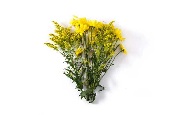 Boeket Van Gele Lentebloemen Geïsoleerd Witte Achtergrond Bovenaanzicht — Stockfoto