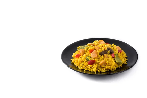 Arroz Frito Com Frango Legumes Placa Preta Isolada Fundo Branco — Fotografia de Stock