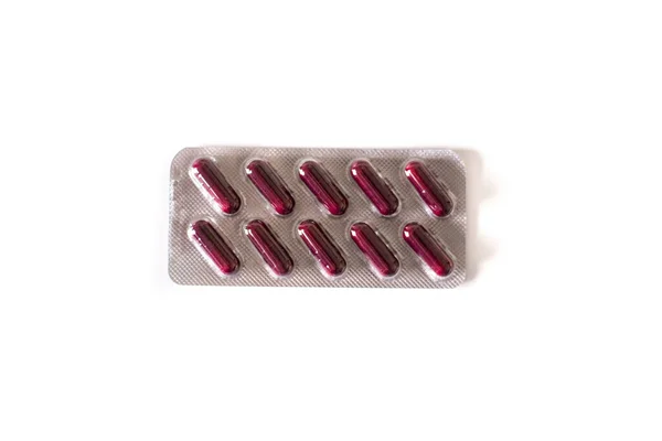 Pastillas Médicas Rojas Aisladas Sobre Fondo Blanco Vista Superior — Foto de Stock