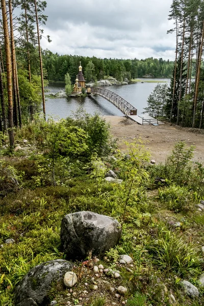 View of the Church of St. Andrew on the island on the lake Vuoks — Stock Photo, Image