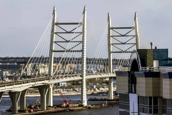 Kijk op de ringweg en kabel brug op Vasilievsky eiland. — Stockfoto