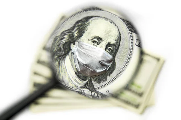 Franklin Medical Mask Hundred Dollar Bill Magnifying Glass White Background — Stock Photo, Image