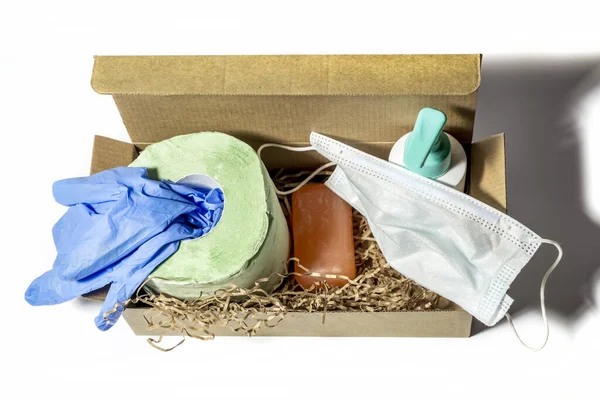 Set Consisting Medical Mask Gloves Toilet Paper Soap Sanitizer Lie — Stock Photo, Image