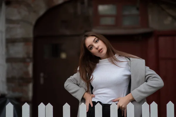 Chica joven se encuentra en el fondo de una calle de la ciudad. Chica con un abrigo gris. Una serie de fotos con una morena —  Fotos de Stock