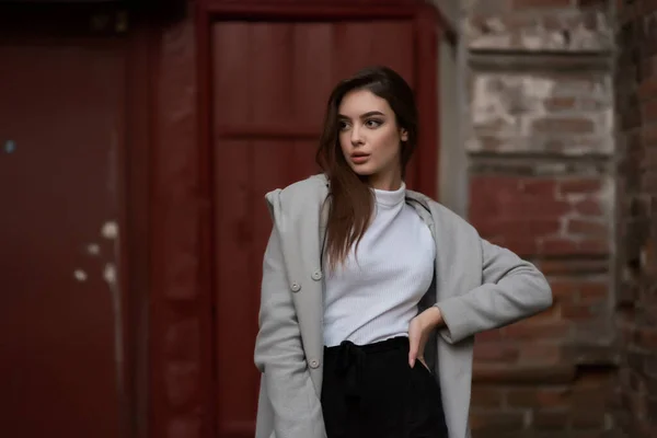 Young girl stands on the background of a city street. Girl in a gray coat. A series of photos with a brunette — Stock Photo, Image