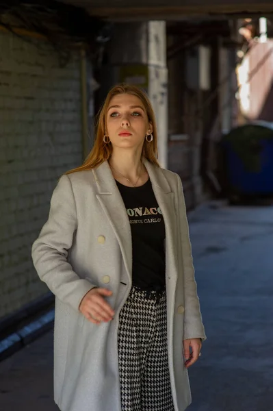 Elegante chica bonita joven con un abrigo gris mira a la cámara y sonríe ligeramente contra el fondo de la ciudad . — Foto de Stock