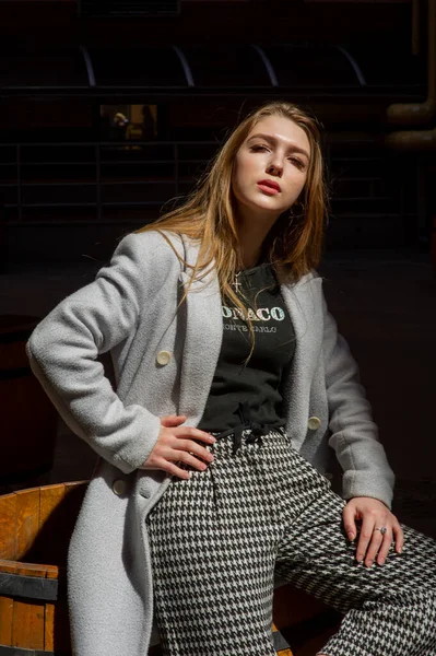Menina bonita nova elegante em um casaco cinza olha para a câmera e sorri ligeiramente contra o fundo da cidade . — Fotografia de Stock