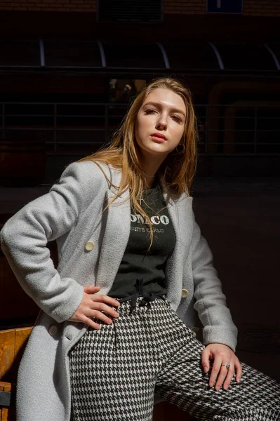 Elegante chica bonita joven con un abrigo gris mira a la cámara y sonríe ligeramente contra el fondo de la ciudad . —  Fotos de Stock