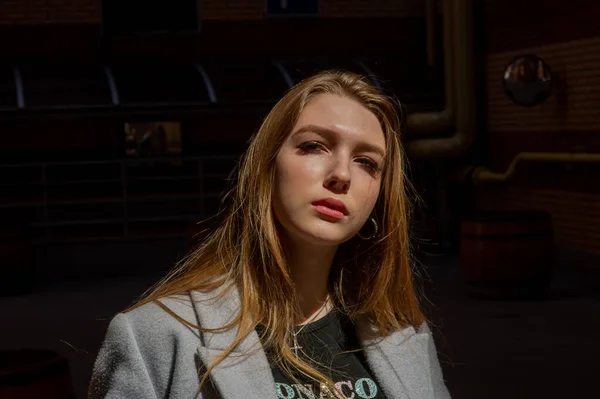 Elegante chica bonita joven con un abrigo gris mira a la cámara y sonríe ligeramente contra el fondo de la ciudad . — Foto de Stock